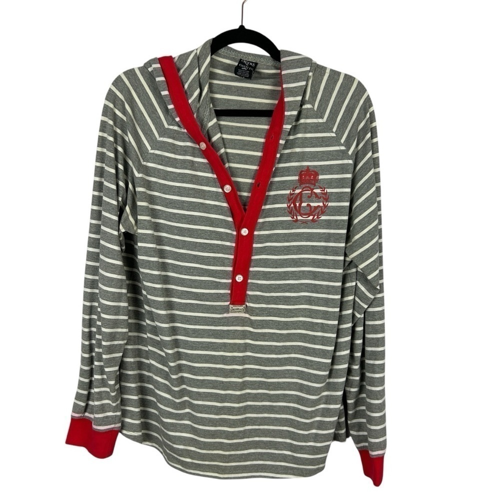 Crooks & Castles Casual Cotton Striped Henley Hoodie Large Grey White Red